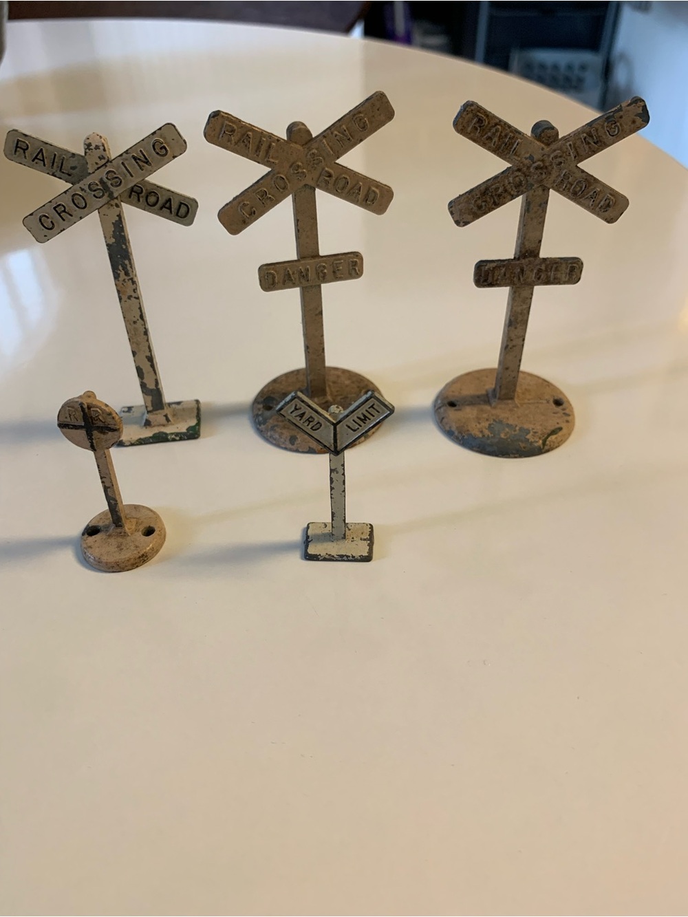 Vintage Miniature Railroad Crossing Sign Set - Cream Metal